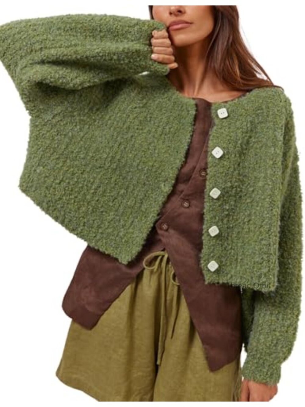 Women Knit Fluffy Button Down Cropped Cardigan Sweater Outwear